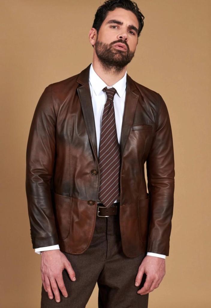 Male model wearing a brown leather jacket.