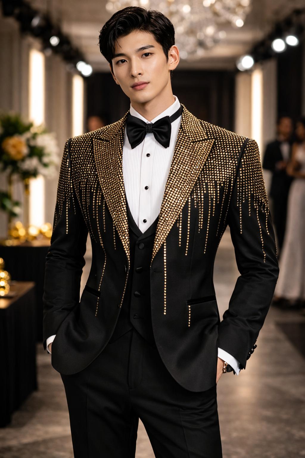 Male model wearing a suite with gold sparkles