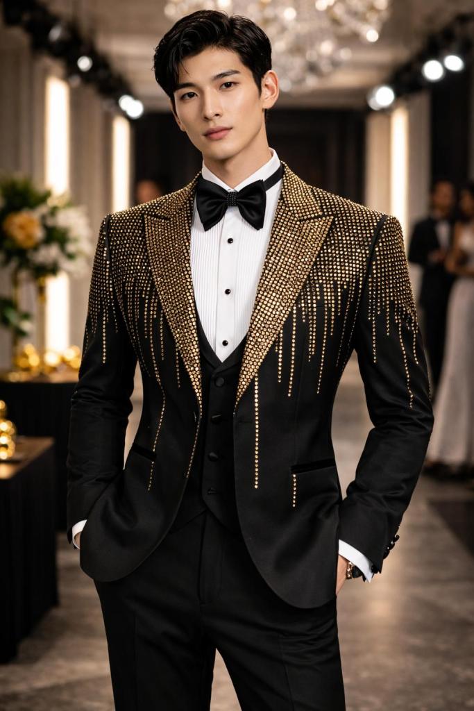 Male model wearing a suite with gold sparkles