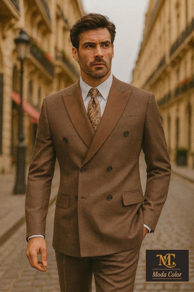 Male model wearing a brown suite.