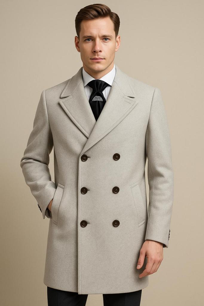 Male model wearing a white midi winter coat.