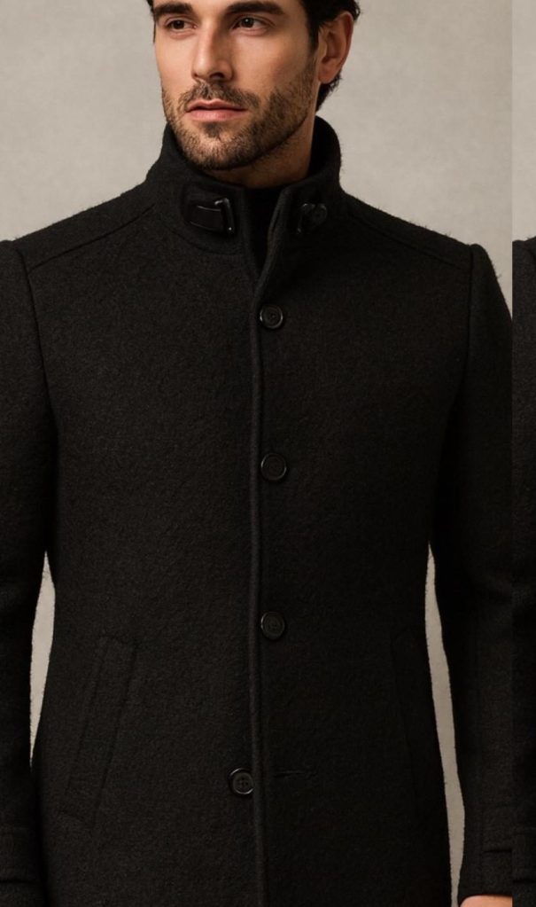 Male model wearing a black coat.